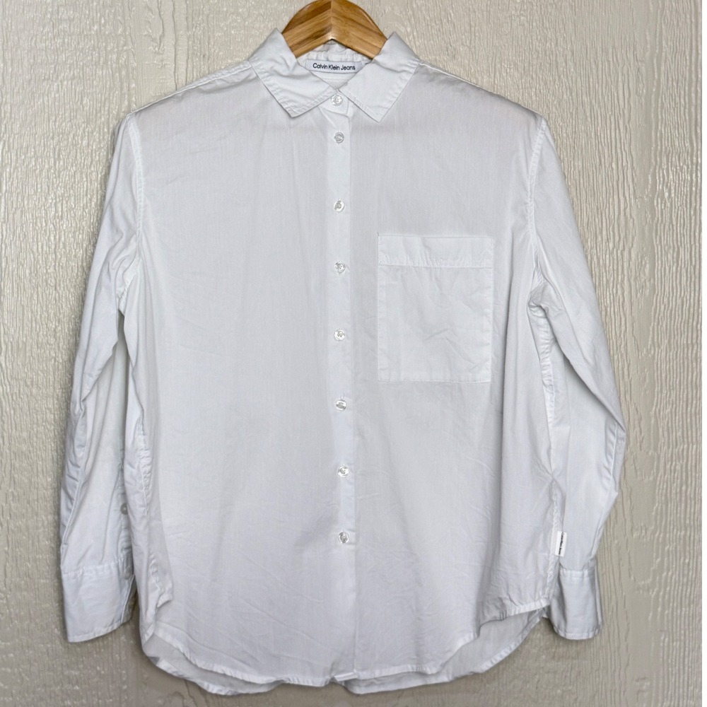 Calvin Klein Jeans Womens White Long Sleeve Button Down Shirt Small Pocket Logo